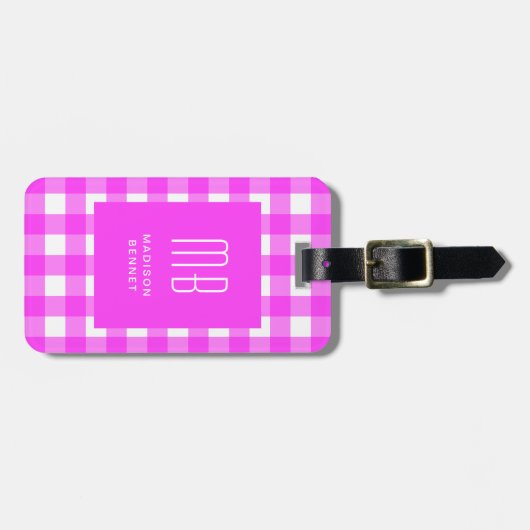 Elegant Pink Gingham Monogram Bagagelabel (Voorkant horizontaal)
