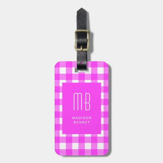Elegant Pink Gingham Monogram Bagagelabel (Voorkant verticaal)