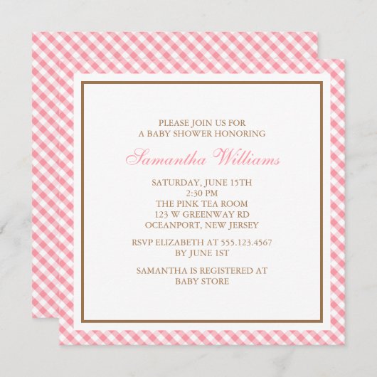 Elegant Pink Gingham Pattern Baby shower Kaart (Voorkant / Achterkant)