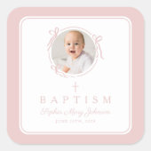 Elegant Pink Girl Photo Baptism Vierkante Sticker (Voorkant)