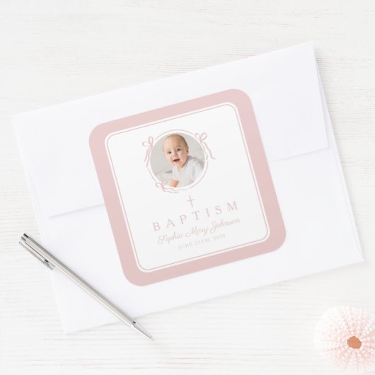 Elegant Pink Girl Photo Baptism Vierkante Sticker (Envelop)
