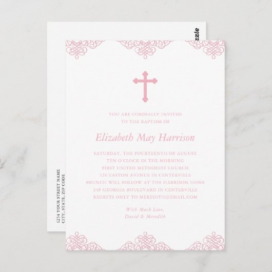 Elegant Pink Girls Baptism of Communauté Invitatio Briefkaart (Voorkant / Achterkant)