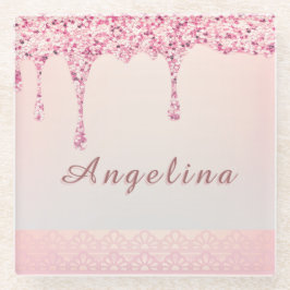 Elegant Pink Glam Glitter Drip Onderzetter Glazen Onderzetter