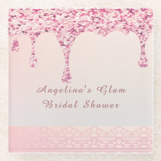 Elegant Pink Glam Glitter Drip Vrijgezellenfeest Glazen Onderzetter (Voorkant)