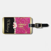 ELEGANT PINK GLITTER BLACK BLAUWGROEN FLORAAL MONO BAGAGELABEL (Voorkant horizontaal)