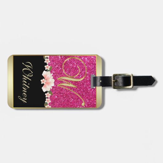 ELEGANT PINK GLITTER BLACK BLAUWGROEN FLORAAL MONO BAGAGELABEL (Voorkant horizontaal)
