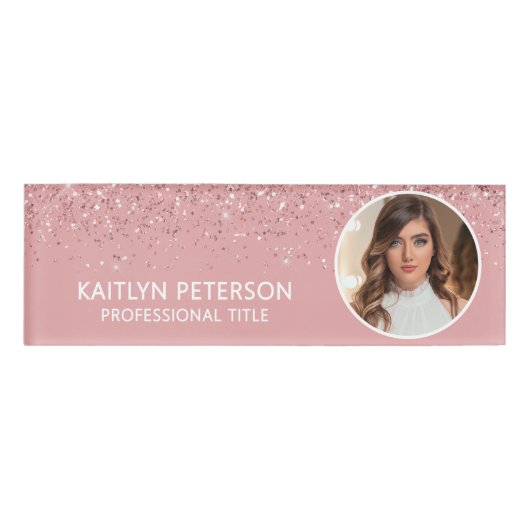 Elegant Pink Glitter Employee Photo ID Naambadge (Voorkant)