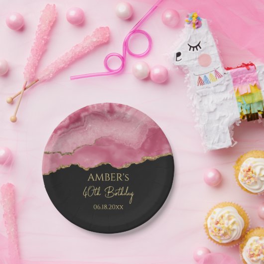 Elegant Pink Gold Abstract Marble Design Papieren Bordje (Feest)