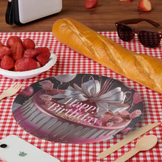 Elegant Pink & Gold Birthday Cake Design Papieren Bordje (Picknick)