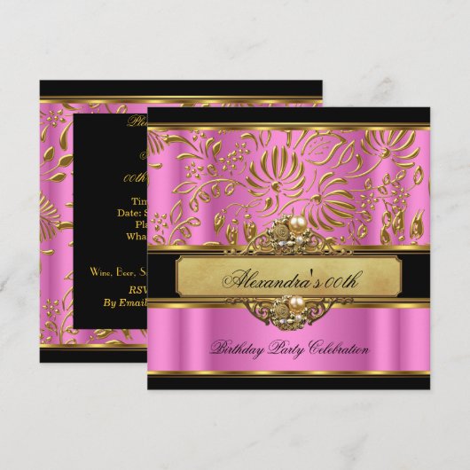 Elegant Pink Gold Black Damask Pearl Party Kaart (Voorkant / Achterkant)