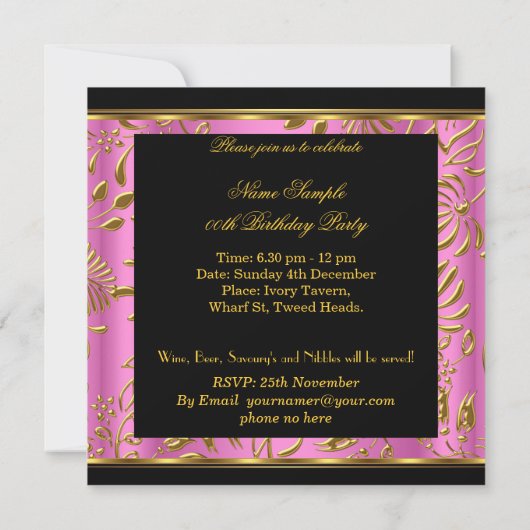 Elegant Pink Gold Black Damask Pearl Party Kaart (Achterkant)