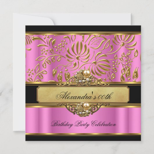Elegant Pink Gold Black Damask Pearl Party Kaart (Voorkant)