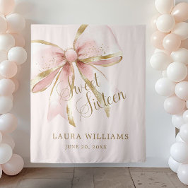 Elegant Pink & Gold Coquette Sweet 16th Backdrop Wandkleed