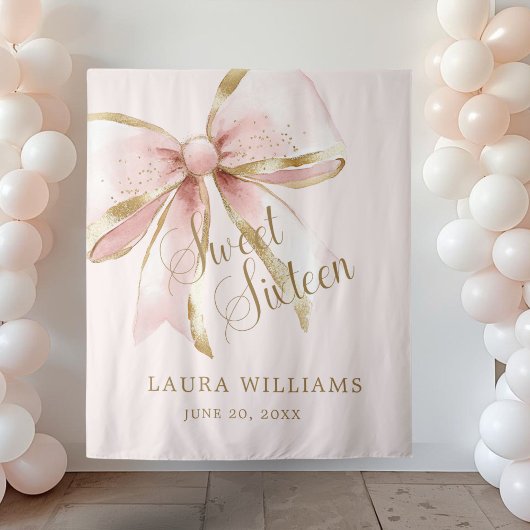 Elegant Pink & Gold Coquette Sweet 16th Backdrop Wandkleed