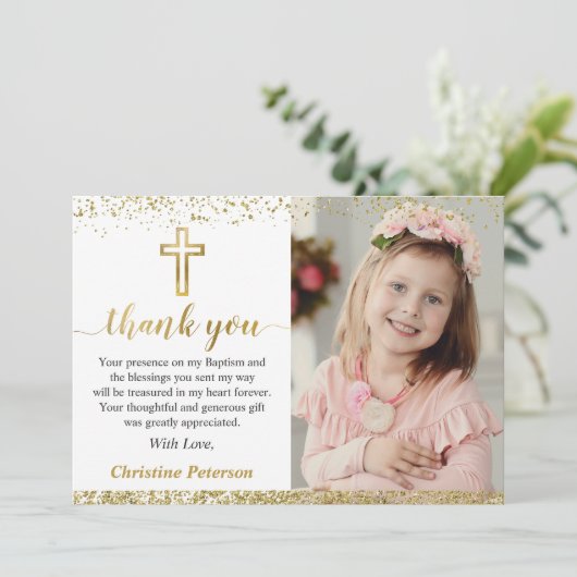 Elegant Pink Gold Cross Girl Baptisme Foto Bedankkaart (Staand voorkant)