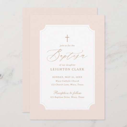 Elegant Pink Gold Cross Girl Baptisme Kaart (Voorkant / Achterkant)