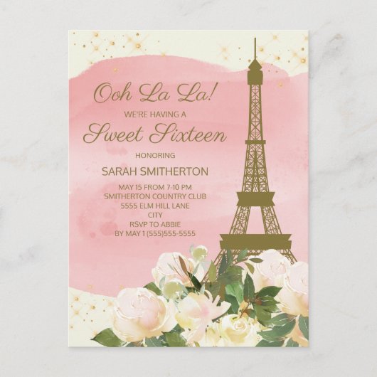 Elegant Pink Gold Eiffel Tower Paris Sweet 16 Briefkaart (Voorkant)