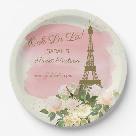 Elegant Pink Gold Eiffel Tower Paris Sweet 16 Papieren Bordje (Voorkant)