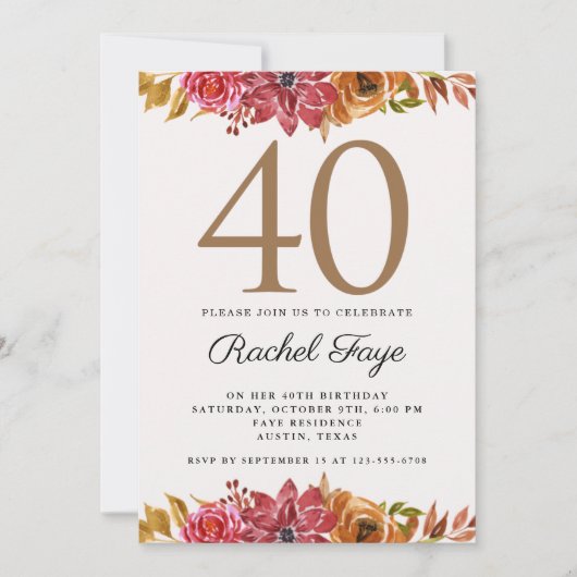 Elegant Pink Gold Floral 40th Birthday Party Invit Kaart (Voorkant)