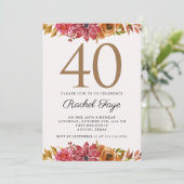 Elegant Pink Gold Floral 40th Birthday Party Invit Kaart (Staand voorkant)
