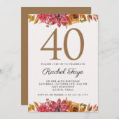 Elegant Pink Gold Floral 40th Birthday Party Invit Kaart (Voorkant / Achterkant)