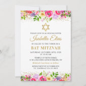 Elegant Pink Gold Floral Bat Mitzvah Invitation Kaart (Voorkant)