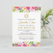 Elegant Pink Gold Floral Bat Mitzvah Invitation Kaart (Staand voorkant)