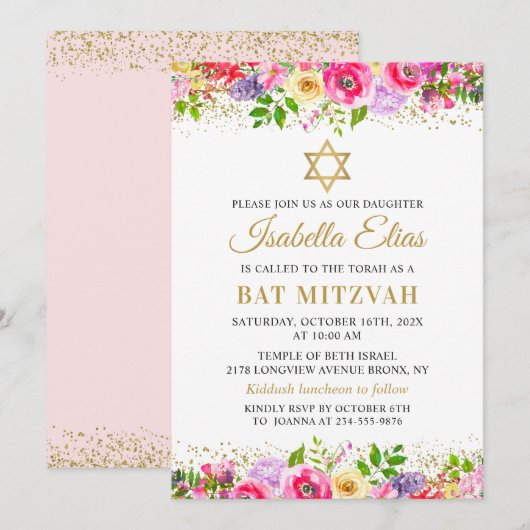 Elegant Pink Gold Floral Bat Mitzvah Invitation Kaart (Voorkant / Achterkant)