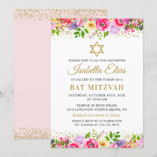 Elegant Pink Gold Floral Bat Mitzvah Invitation Kaart