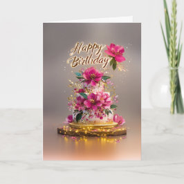 Elegant Pink & Gold Floral Birthday Cake Kaart