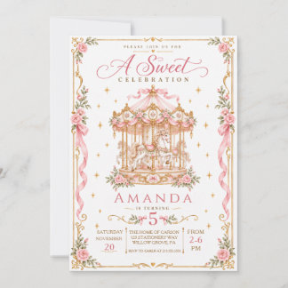 Elegant Pink Gold Floral Carousel Birthday Kaart