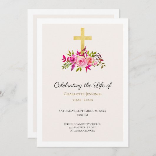 Elegant Pink Gold Floral Funeral Order of Service Programmakaart (Voorkant / Achterkant)