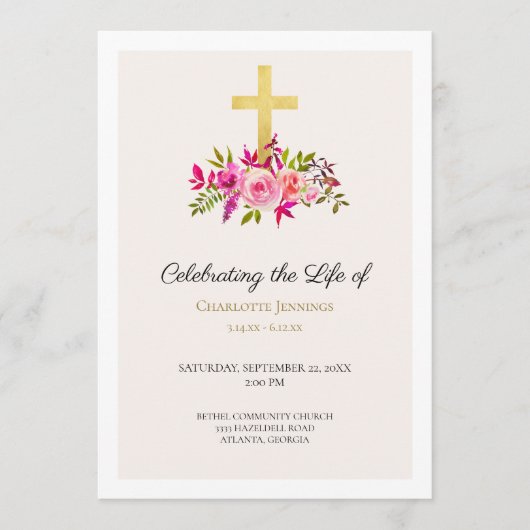 Elegant Pink Gold Floral Funeral Order of Service Programmakaart (Voorkant)