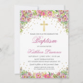 Elegant Pink Gold Floral Girl Baptism Uitnodiging (Voorkant)