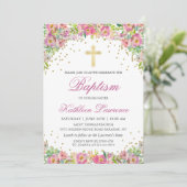 Elegant Pink Gold Floral Girl Baptism Uitnodiging (Staand voorkant)