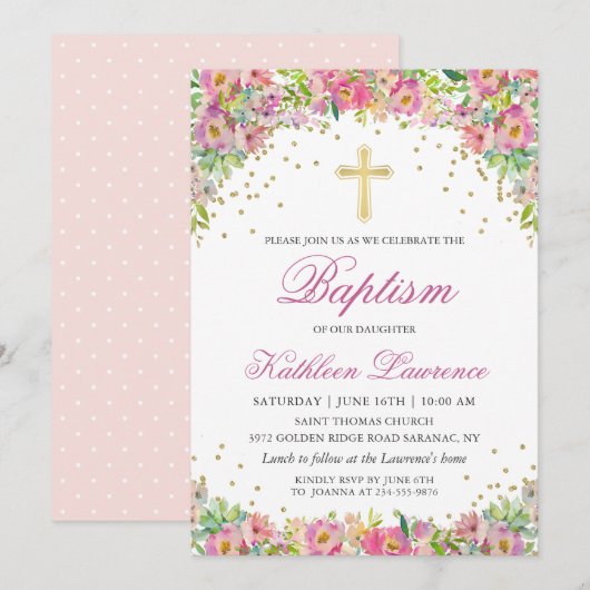 Elegant Pink Gold Floral Girl Baptism Uitnodiging (Voorkant / Achterkant)