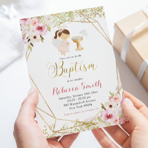 Elegant Pink Gold Floral Girl Baptism Uitnodiging