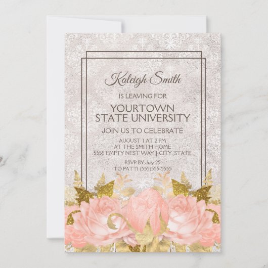 Elegant Pink Gold Floral Ivory Damask Trunk Party Kaart (Voorkant)