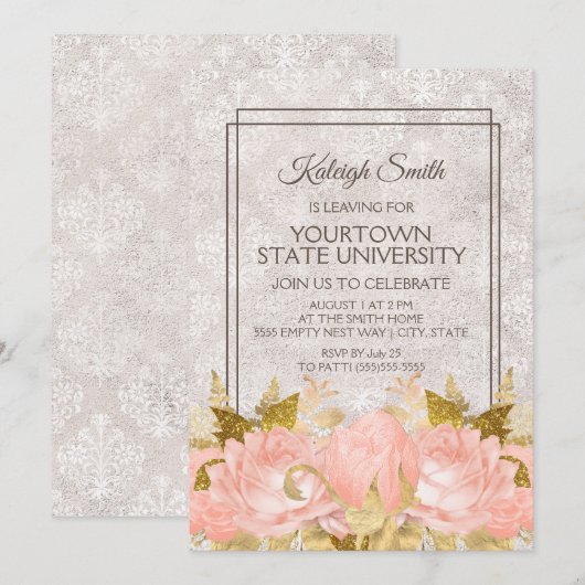 Elegant Pink Gold Floral Ivory Damask Trunk Party Kaart (Voorkant / Achterkant)