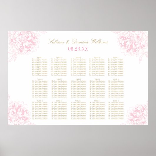 Elegant Pink Gold Floral Peony Wedding Seating Sea Poster (Voorkant)