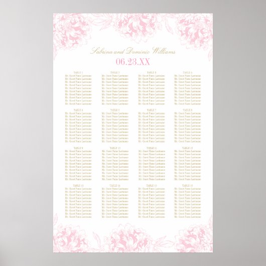 Elegant Pink Gold Floral Peony Wedding Seating Sea Poster (Voorkant)