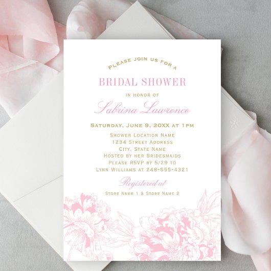 Elegant Pink Gold Floral Peony Wedding Shower Kaart