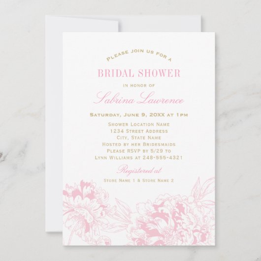 Elegant Pink Gold Floral Peony Wedding Shower Kaart (Voorkant)