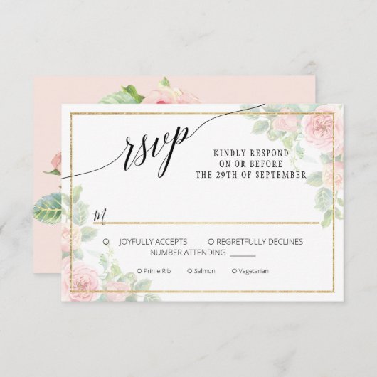 Elegant Pink Gold Floral Script Waterverf Weddensc RSVP Kaartje (Voorkant / Achterkant)