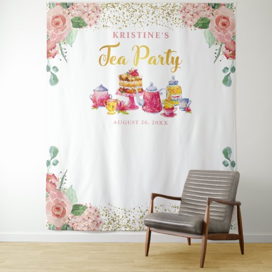 Elegant Pink Gold Floral Tea Party Foto achtergron Wandkleed (In situ)