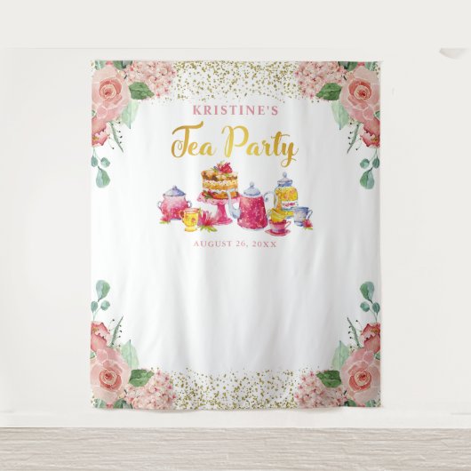 Elegant Pink Gold Floral Tea Party Foto achtergron Wandkleed (Voorkant)
