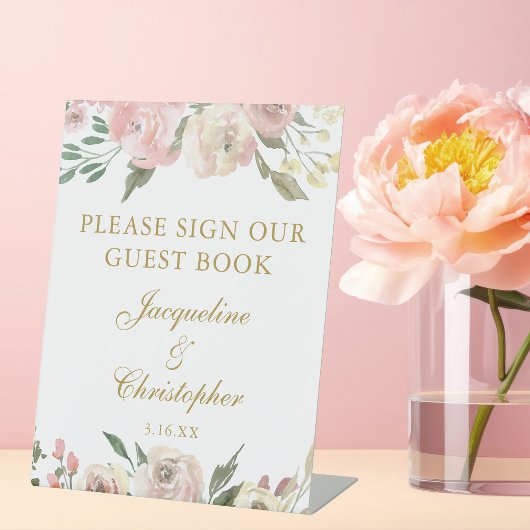Elegant Pink Gold Floral Weddenschap Reclamebord Met Voetstuk
