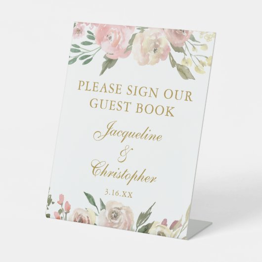 Elegant Pink Gold Floral Weddenschap Reclamebord Met Voetstuk (Voorkant)