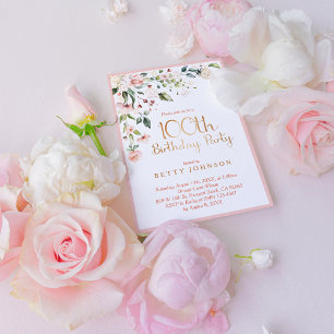 Elegant Pink & Gold Floral Woman's 100e verjaardag Kaart