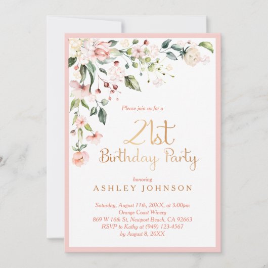 Elegant Pink & Gold Floral Woman's 21ste verjaarda Kaart (Voorkant)